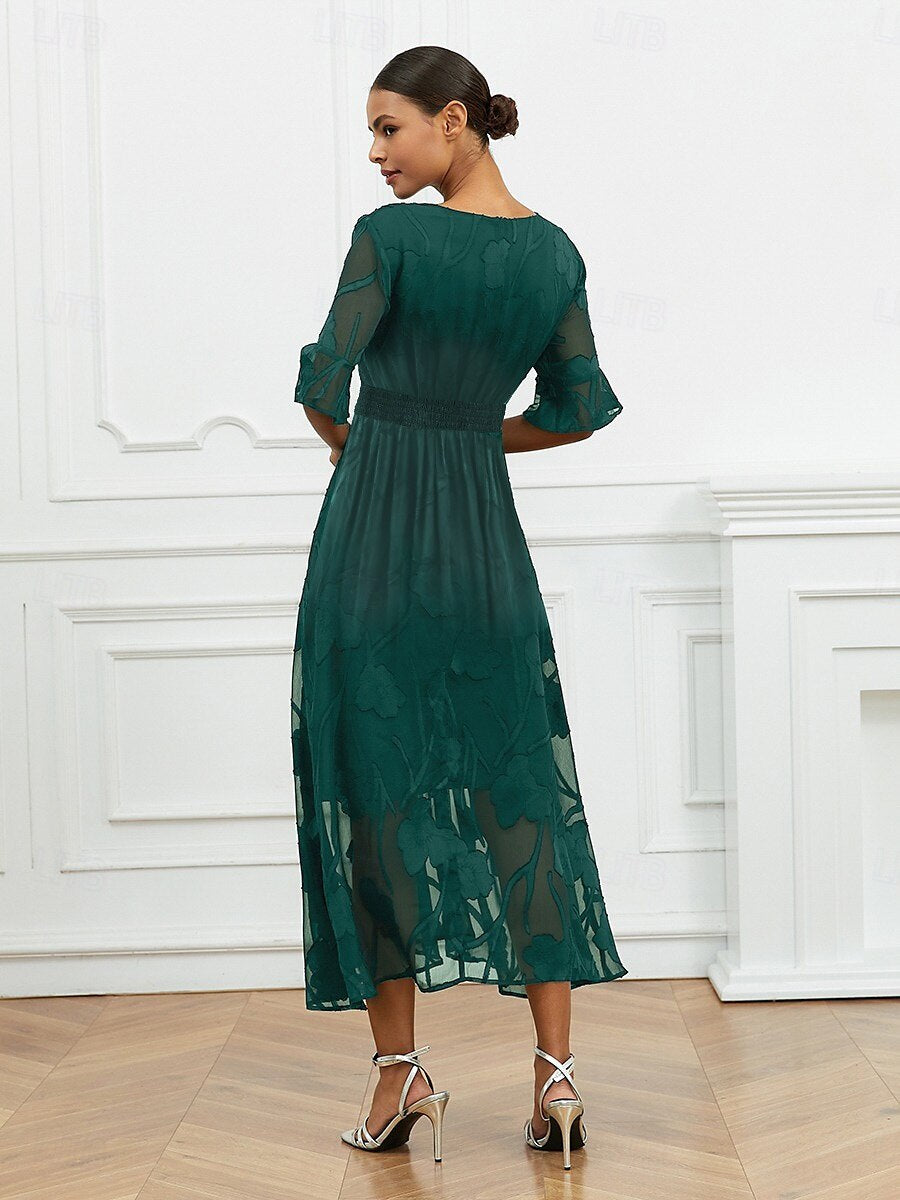 Women’s Maxi Dress – Lace Overlay – V-Neck – Flutter Sleeve – Elegant Fit