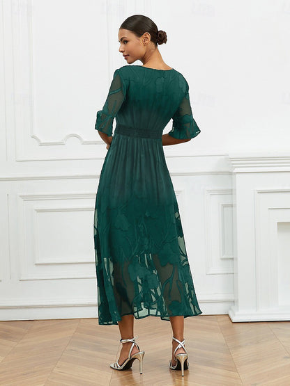 Women’s Maxi Dress – Lace Overlay – V-Neck – Flutter Sleeve – Elegant Fit