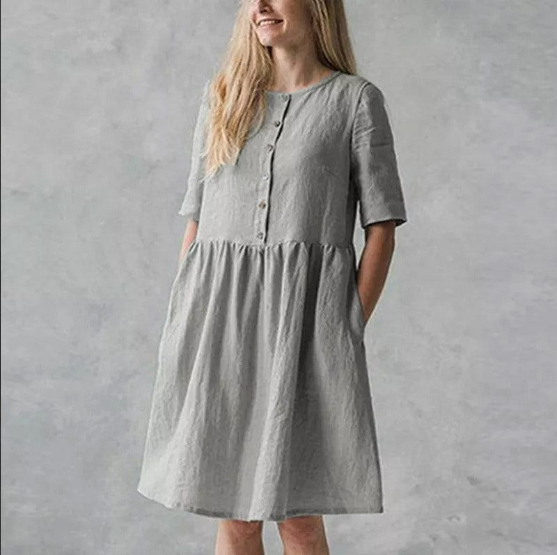 Women’s Midi Dress – Cotton Linen Blend – Relaxed Fit – Short Sleeve – Button Front with Pockets