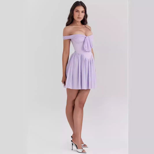 Women’s Mini Dress – Off Shoulder – Fit and Flare – Bow Front – Lightweight Elegant Wear