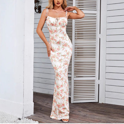 Women’s Maxi Dress – Slim Fit – Spaghetti Straps – Open Back – Floral Print