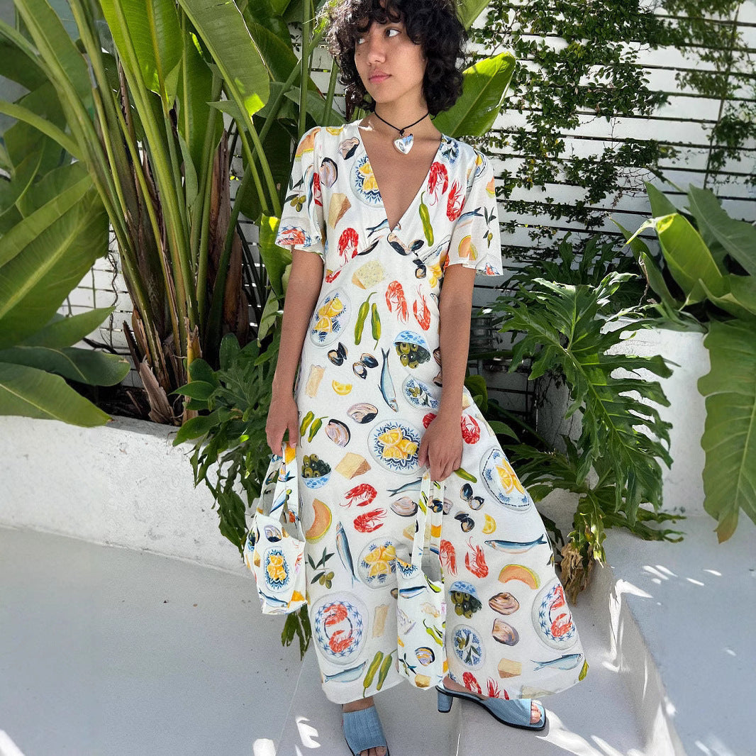 Women’s Midi Dress – Linen Fabric – V-Neck – Loose Fit – Short Sleeve – Button Front