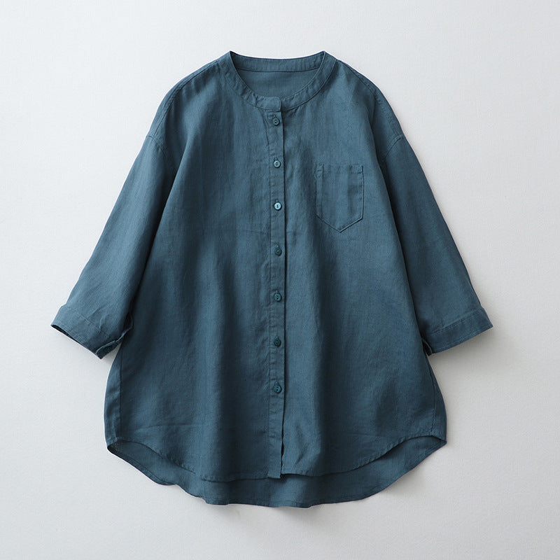 Women’s Button-Down Shirt – Oversized Fit – Natural Fibers – 3/4 Sleeve Casual Style
