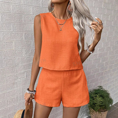 Women’s Two Piece Set – Sleeveless Top and Mid-Thigh Shorts – Linen Feel Relaxed Fit