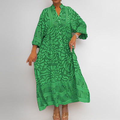 Women’s Midi Dress – Loose Fit – Button-Front – Rolled Sleeves – Abstract Print – Breathable Fabric
