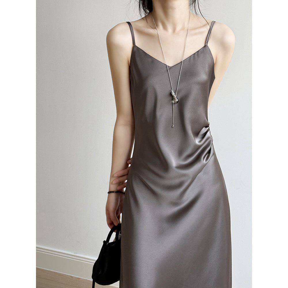 Women’s Camisole Dress – Satin Fabric – A-Line Fit – Spaghetti Straps – Full Length