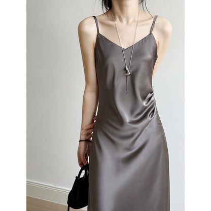 Women’s Camisole Dress – Satin Fabric – A-Line Fit – Spaghetti Straps – Full Length