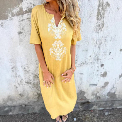 Women’s Midi Dress – Relaxed Fit – Embroidered Front – Natural Fibers – Short Sleeve