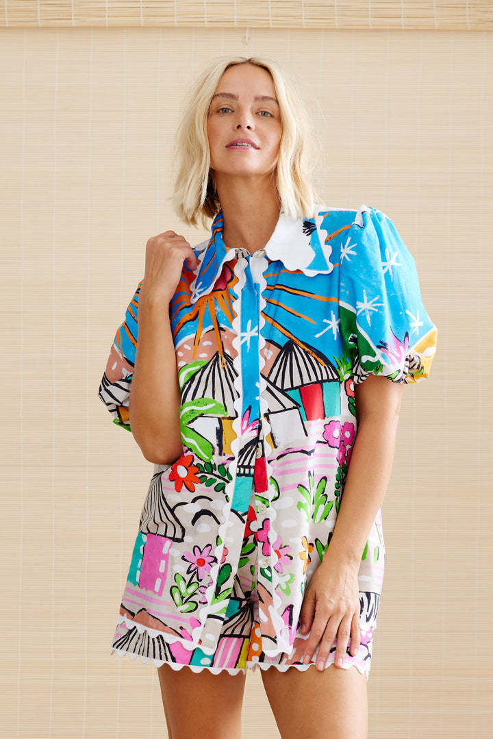 Women’s Shirt and Shorts Set – Relaxed Fit – Lace Collar – Puff Sleeves – Cotton