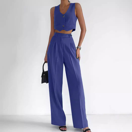 Women’s Vest Set – Tailored Cropped V-Neck Vest – High-Waist Wide-Leg Trousers