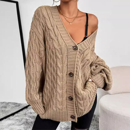 Women’s Knitted Cardigan – Cable Knit – Oversized Fit – V-Neck – Button Front – Long Sleeve
