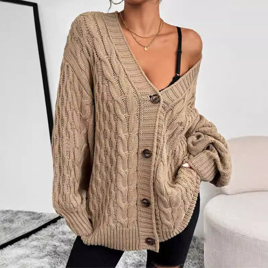 Women’s Knitted Cardigan – Cable Knit – Oversized Fit – V-Neck – Button Front – Long Sleeve