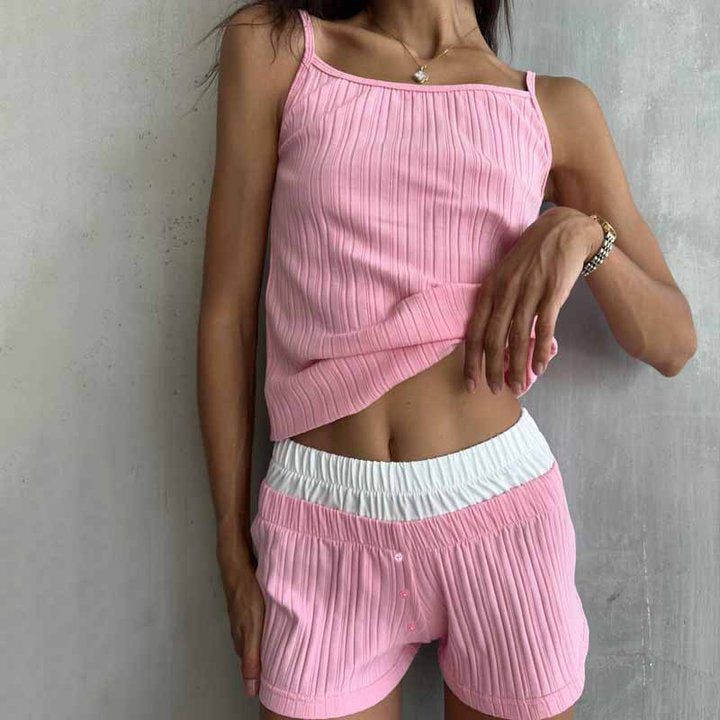 Women’s Pajama Set – Ribbed Knit – Tie-Front Cardigan – High-Waisted Flowy Shorts