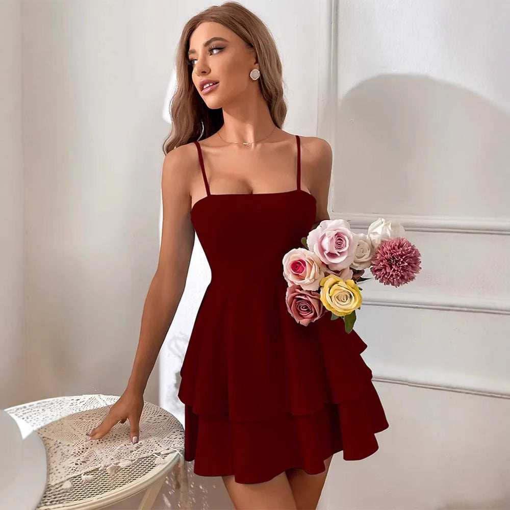 Women’s Mini Dress – A-Line Fit – Spaghetti Straps – Square Neck – Tiered Skirt