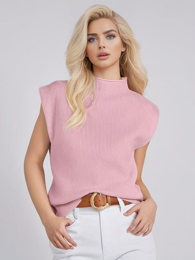 Women’s Sleeveless Turtleneck Sweater – Wool Blend – Relaxed Fit – Ribbed Knit