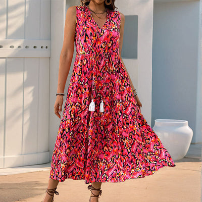 Women’s Dress – Lightweight Cotton – Sleeveless A-Line – Tiered Midi V-Neck