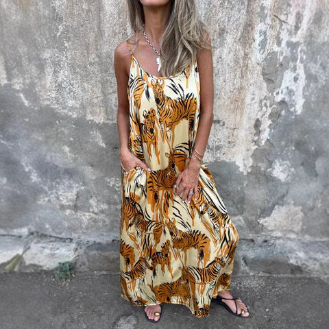 Women’s Maxi Dress – Relaxed Fit – Natural Fibers – Adjustable Straps – Pockets – Animal Print