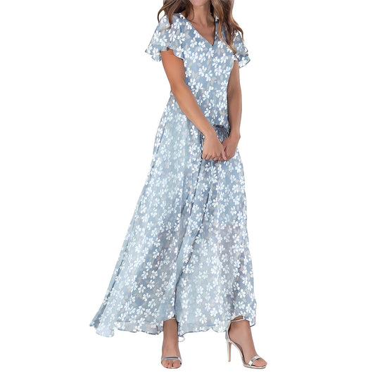 Women’s Maxi Dress – Flowing Fit – V-Neck – Flutter Sleeve – Luxury Fabric – Floral Print