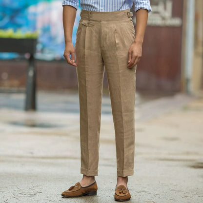Men’s Trousers – Slim Fit – High Waist Linen – Pleated Front – Business Casual