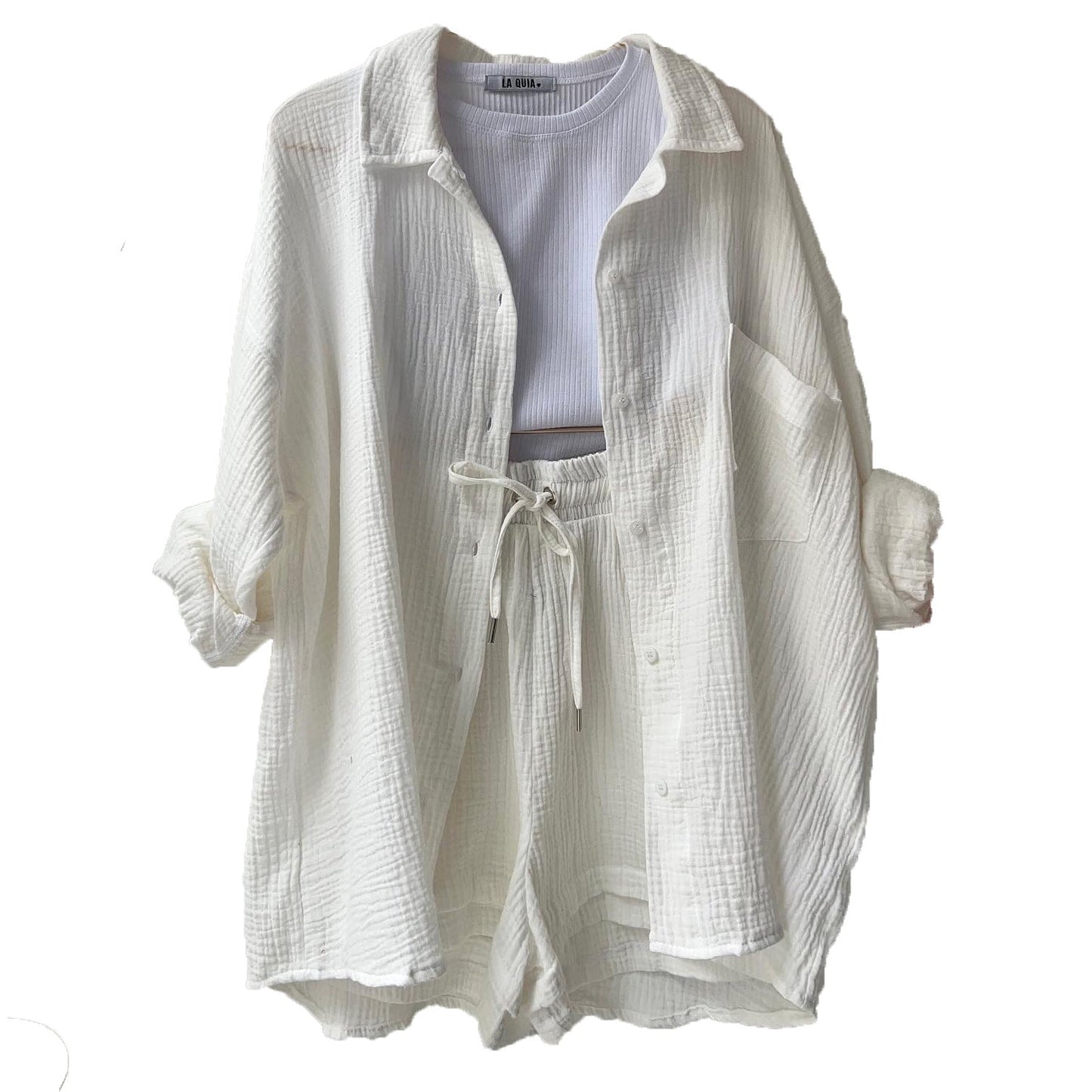 Women’s Two-Piece Set – Crinkled Shirt with Classic Collar – High-Waisted Drawstring Shorts