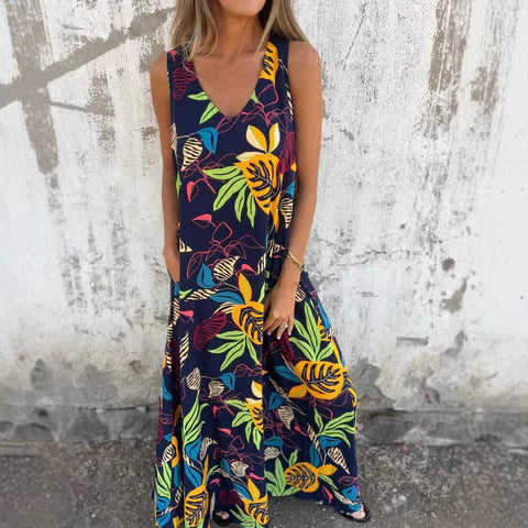 Women’s Maxi Dress – Tropical Print – Sleeveless A-Line – V-Neck Breathable Blend