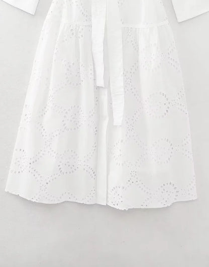 Women’s Midi Dress – Broderie Anglaise – Relaxed Fit – Belted Waist – Button Front
