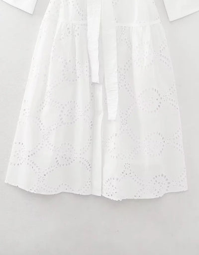 Women’s Midi Dress – Broderie Anglaise – Relaxed Fit – Belted Waist – Button Front