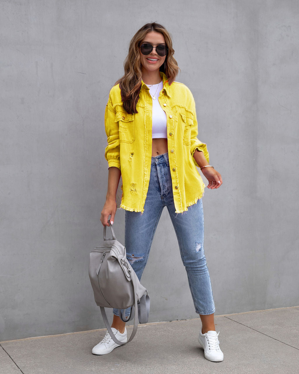 Women’s Denim Jacket – Oversized Fit – Distressed Mid Length – Casual Layering Piece