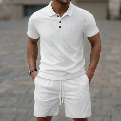 Men’s Casual Set – Short-Sleeve T-Shirt – Slim Fit – Textured Cotton Blend – Structured Collar – Button Placket