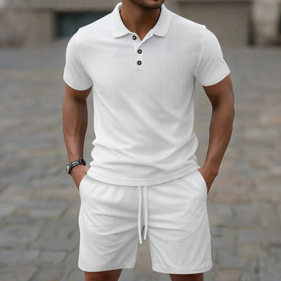 Men’s Casual Set – Short-Sleeve T-Shirt – Slim Fit – Textured Cotton Blend – Structured Collar – Button Placket