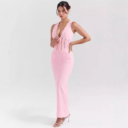 Women’s Lace Dress – Fitted High Waist – Plunging Neckline – Full Length Formal Wear