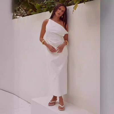 Women’s Midi Dress – Slim Fit – One Shoulder – Draped Bodice – Minimalist Elegant Style
