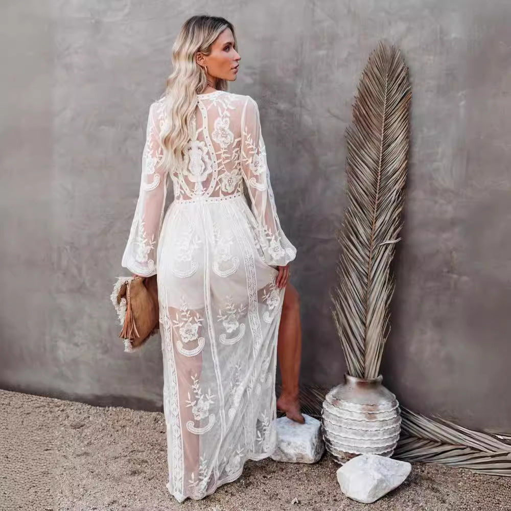 Women’s Long Dress – Lace Chiffon – V-Neck – Sheer Sleeves – High Slit – Formal Wear