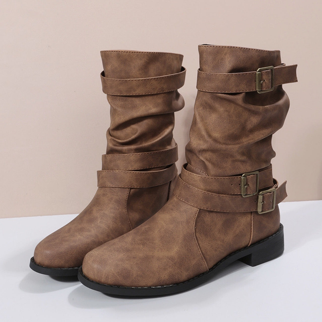 Women’s Mid-Calf Boots – Chunky Heel – Buckle Straps – Round Toe – Casual Fit