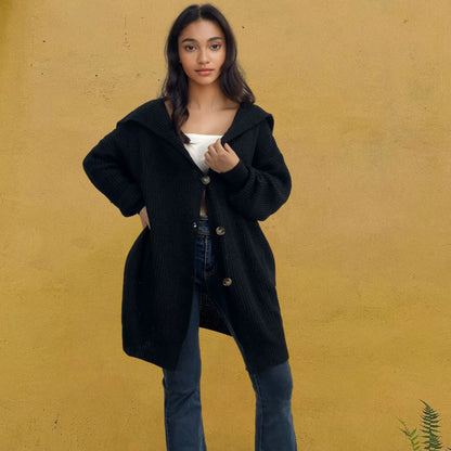Women’s Oversized Cardigan – Knitted Wool – Thigh Length – Button Front – Pockets