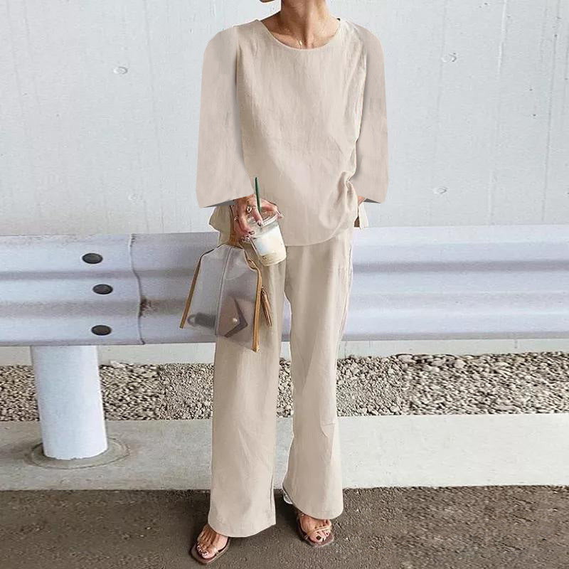 Women’s Two-Piece Set – Linen Blend – Relaxed Fit – Long Sleeve Top – Wide Leg Trousers