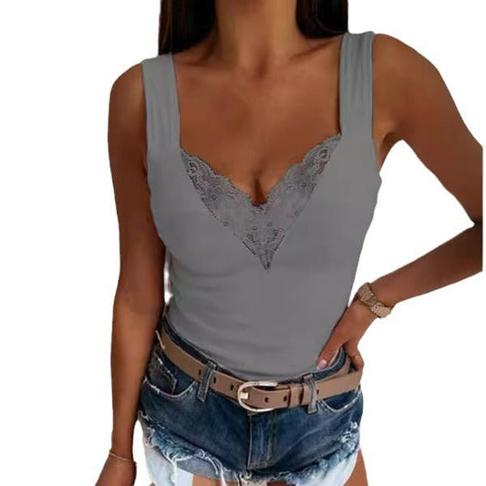 Women's Sleeveless Top - Lace V-Neck - Fitted Lightweight Casual Wear