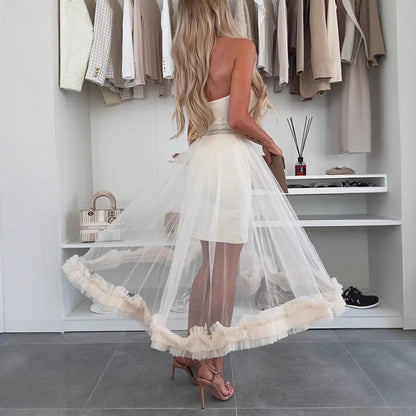 Women’s Midi Dress – Strapless A-Line – Tulle Overlay – Ruffle Hem – Loose Fit