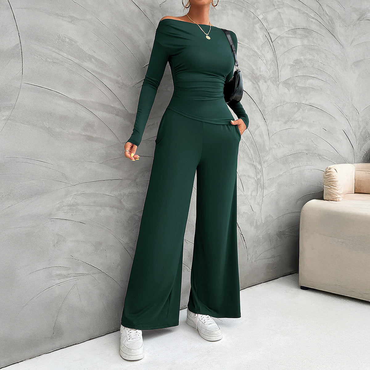 Women’s Matching Set – Slim Fit Long Sleeve Top – High Waist Wide Leg Trousers