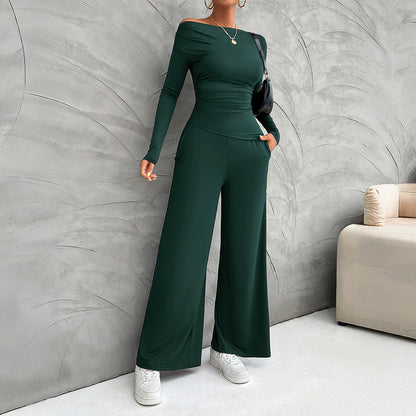 Women’s Matching Set – Slim Fit Long Sleeve Top – High Waist Wide Leg Trousers