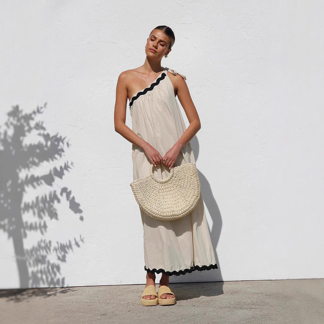 Women’s Maxi Dress – One Shoulder – Tie Strap – Relaxed Fit – Scalloped Hem – Breathable