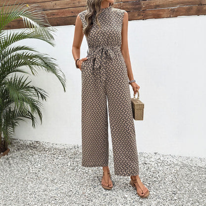 Women’s Jumpsuit – Lightweight Cotton Blend – Geometric Print – Tie Waist – Wide Leg