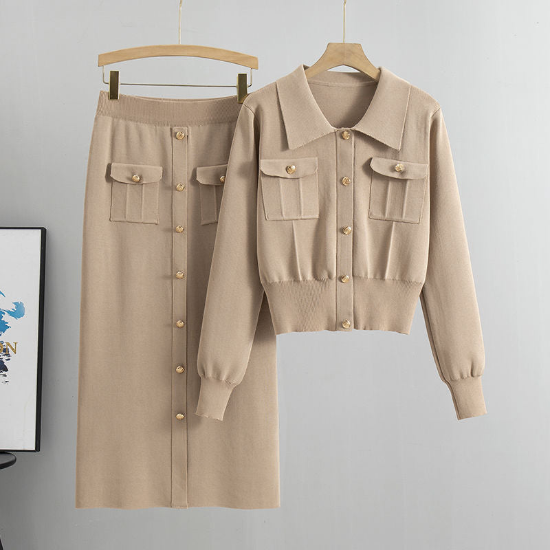 Women's Knit Two-Piece Set - Button-Up Cardigan & High-Waisted Midi Skirt