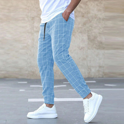 Men’s Jogger Pants – Tapered Fit – Cotton Blend – Grid Pattern – Elastic Waist Drawstring