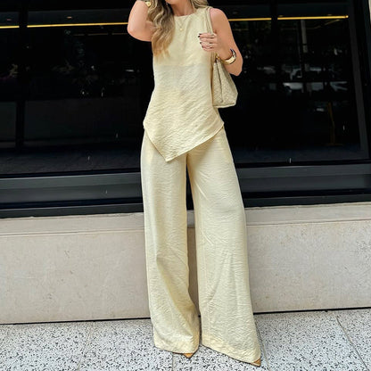 Women’s Two-Piece Set – Sleeveless Asymmetrical Top – Wide-Leg Pants – Crinkled Fabric