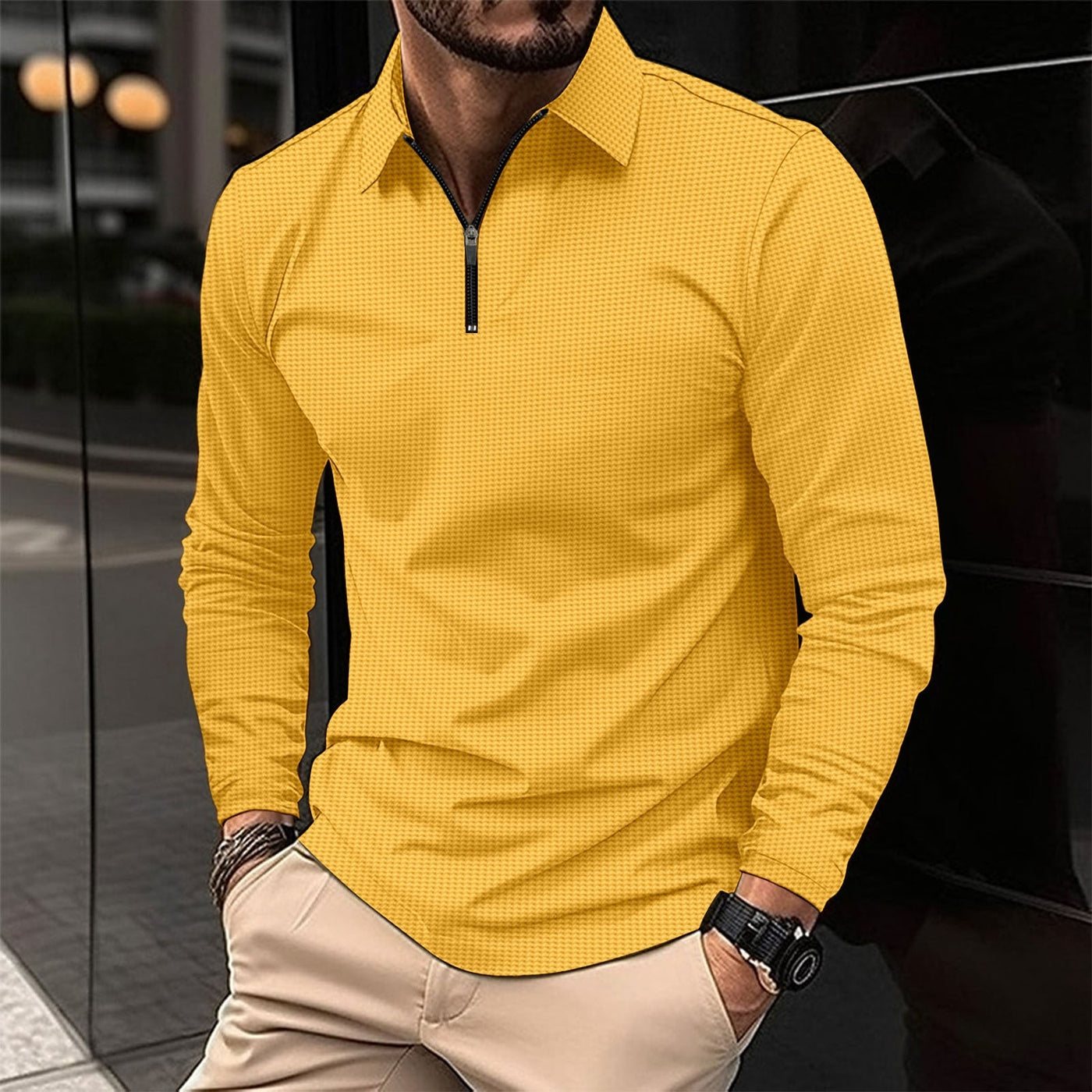 Men’s Long Sleeve Shirt – Slim Fit – Zip Collar – Stretch Fabric