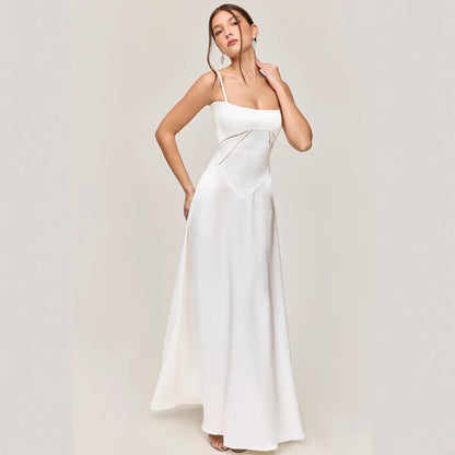 Women’s Midi Dress – Slim Fit – Satin Feel – Lace Panel – A-Line – Spaghetti Strap