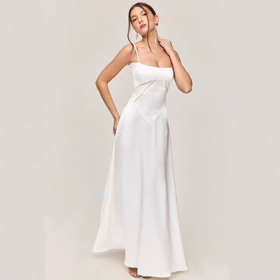 Women’s Midi Dress – Slim Fit – Satin Feel – Lace Panel – A-Line – Spaghetti Strap