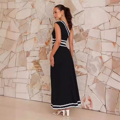 Women’s Maxi Dress – Slim Fit – One Shoulder – Zigzag Trim – Formal Evening Wear