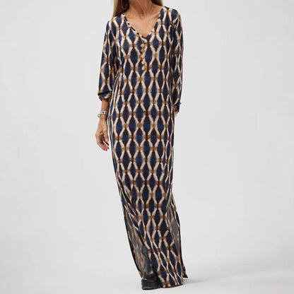 Women’s Midi Dress – Flowy Fit – V-Neck – Long Sleeve – Lightweight Printed Fabric